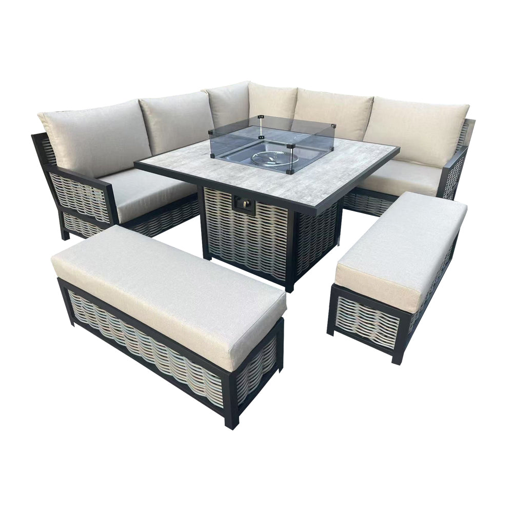 Wells Beige Rattan Sofa & Dining Set with Raised Table