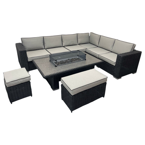 Ely Black Rattan Fire Pit Corner Sofa Set – Multi-Piece with Benches