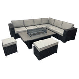 Ely Black Rattan Fire Pit Corner Sofa Set – Multi-Piece with Benches