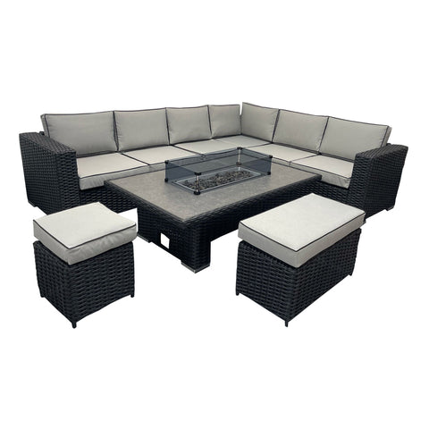 Ely Black Rattan Fire Pit Corner Sofa Set – Multi-Piece with Benches