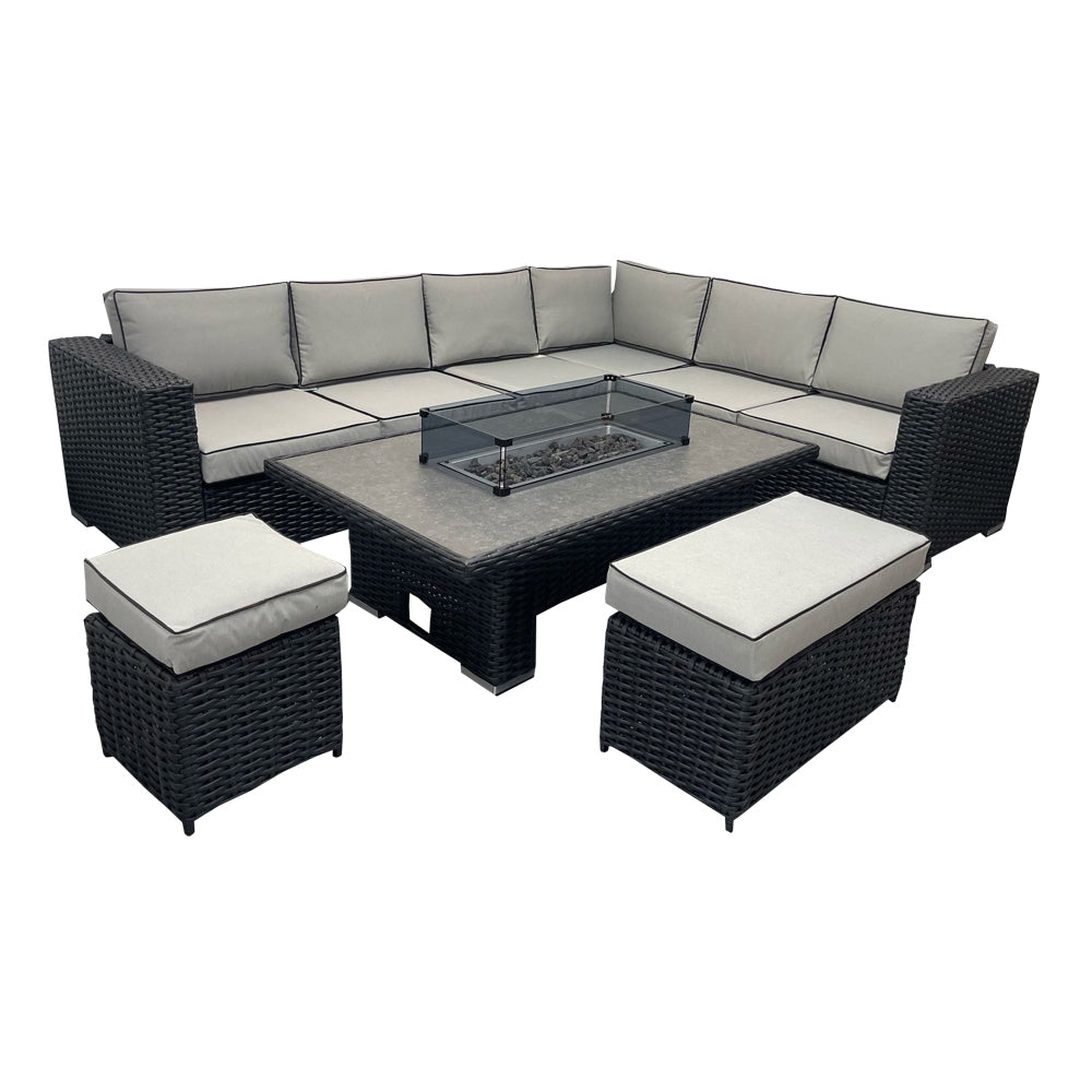 Ely Black Rattan Fire Pit Corner Sofa Set – Multi-Piece with Benches