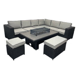Ely Black Rattan Fire Pit Corner Sofa Set – Multi-Piece with Benches