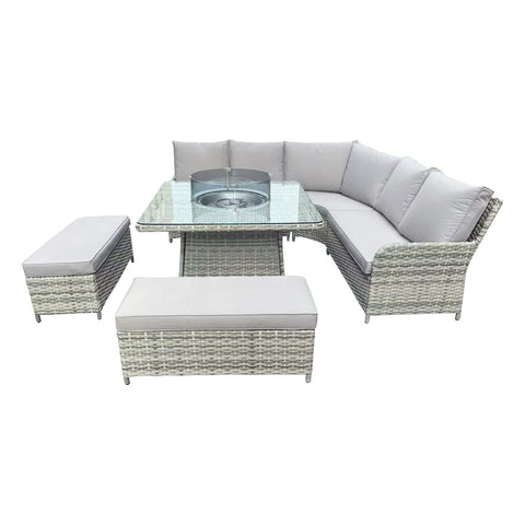 Kensington Grey Rattan Fire Pit Lounge Set – Corner, Bench & Table