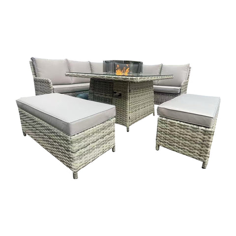 Kensington Grey Rattan Fire Pit Lounge Set – Corner, Bench & Table