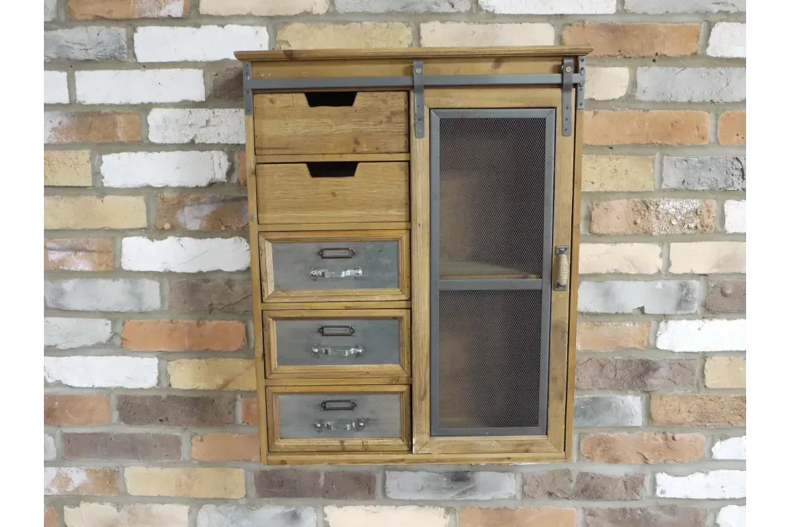Rustic wooden wall cabinet with metal drawers and mesh door on brick background