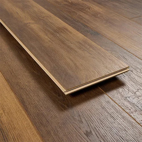 Barnwood oak laminate flooring plank with realistic wood grain and brown finish