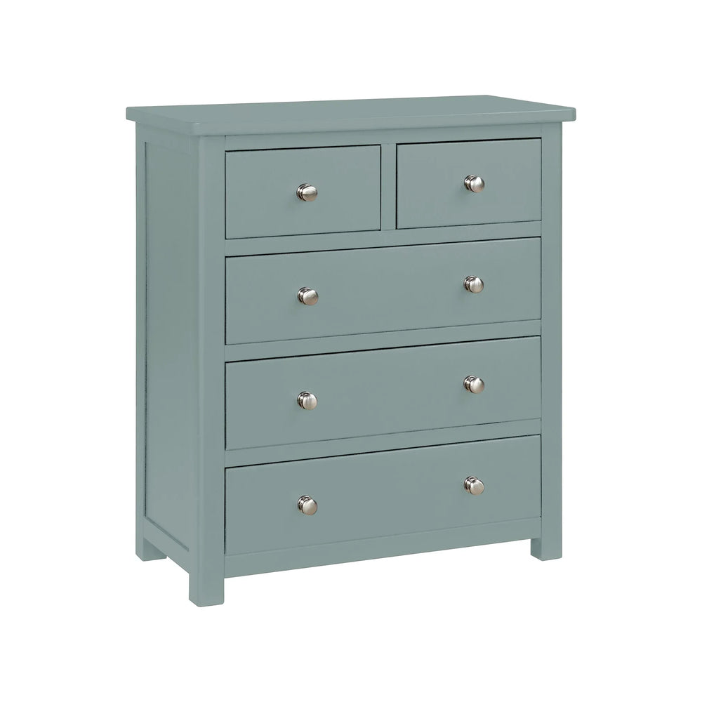 Blue wooden 5 drawer chest with metal handles, shown at an angle on white background
