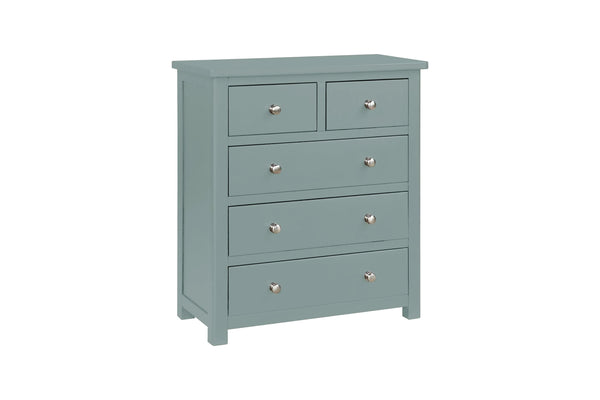 Blue wooden 5 drawer chest with metal handles, shown at an angle on white background