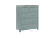 Blue wooden 5 drawer chest with metal handles, shown at an angle on white background
