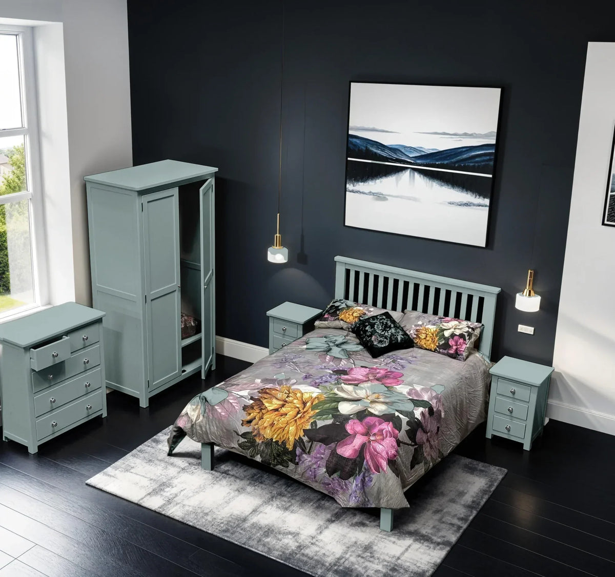 Sage green bedroom furniture set with slatted bed frame, wardrobe, and bedside tables