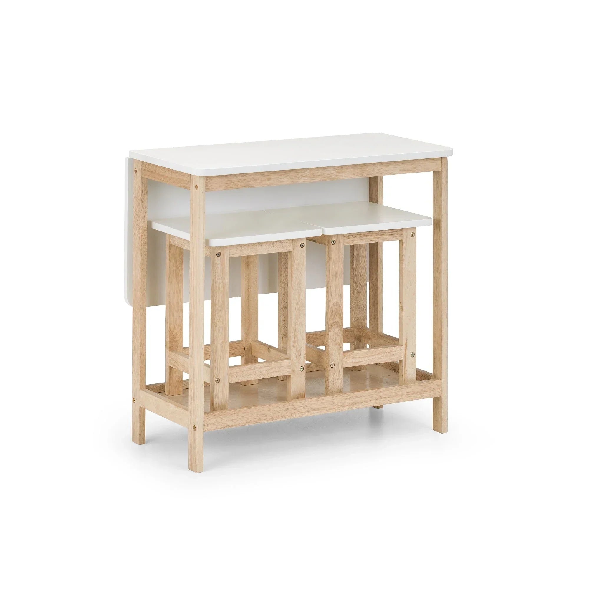Wooden bar set with white tabletop and two stools stored underneath