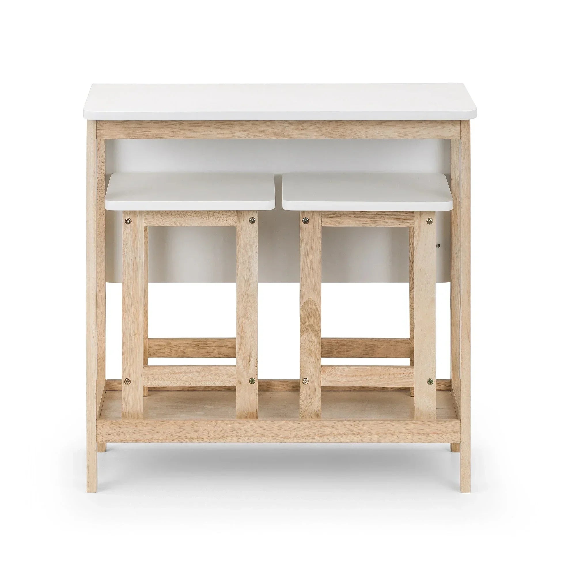 Front view of wooden bar set with two matching stools and white tabletop