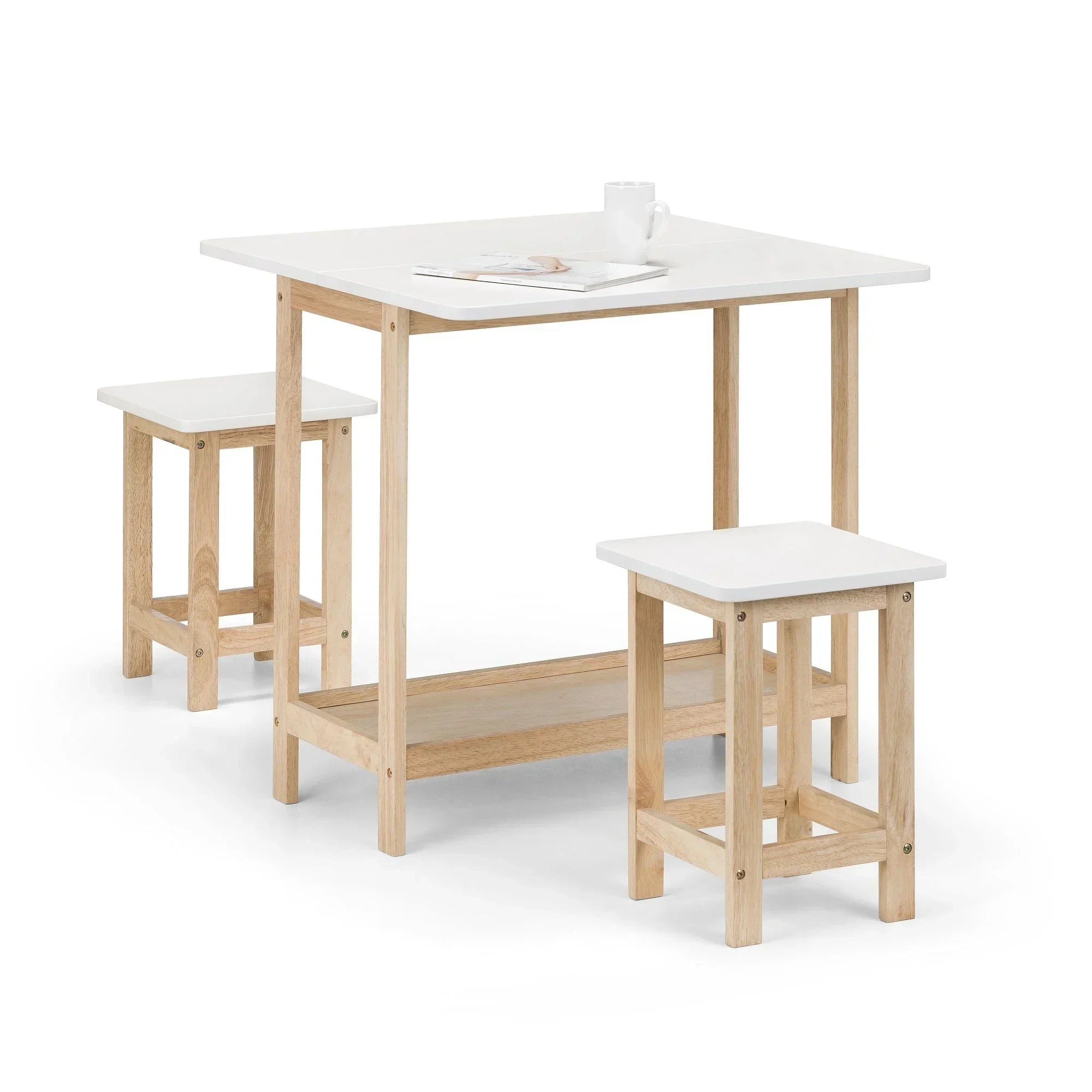 Bergen bar set with white tabletop and stools on natural wood frames, shown from front angle