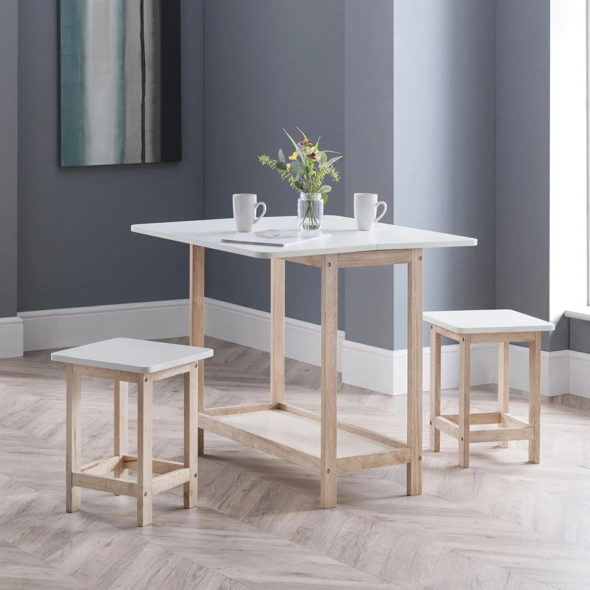 Bergen bar set with white tabletop and stools in modern dining room with grey walls