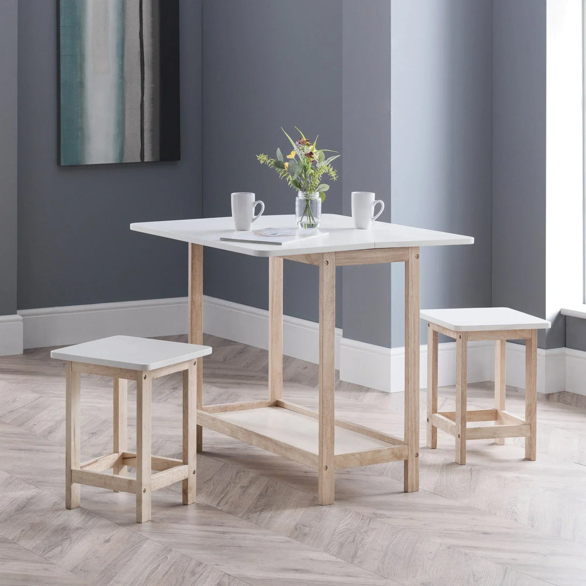 Bergen bar set with white tabletop and stools in modern dining room with grey walls