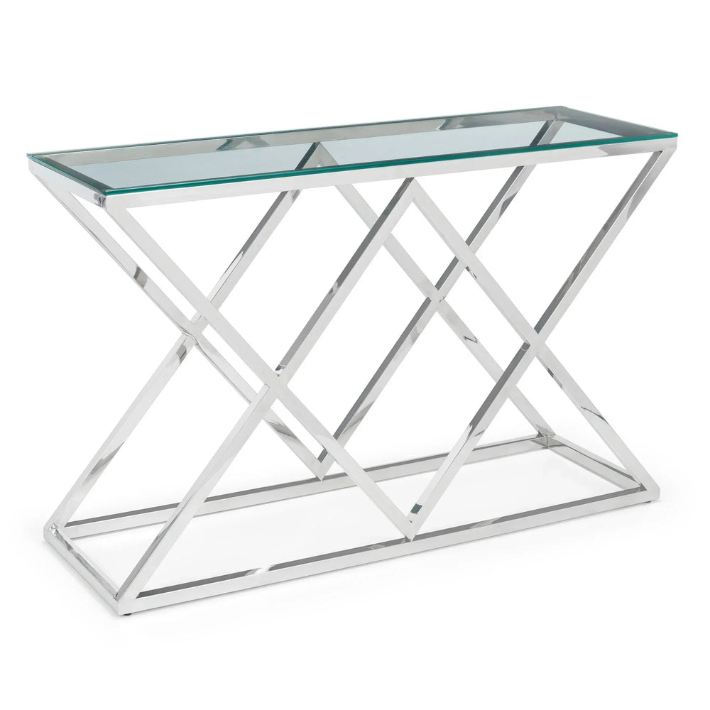 Glass console table with chrome metal geometric frame, angled side view