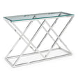 Glass console table with chrome metal geometric frame, angled side view