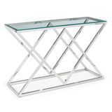 Glass console table with chrome metal geometric frame, angled side view