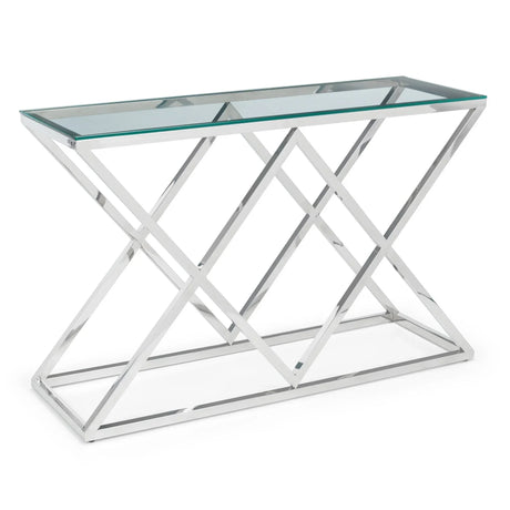 Glass console table with chrome metal geometric frame, angled side view