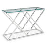 Glass console table with chrome metal geometric frame, angled side view