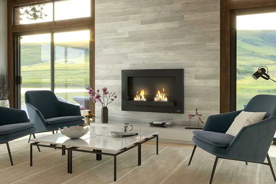 modern lounge chair set in blue fabric around marble coffee table with contemporary wall fire