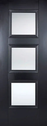 Black glazed interior door with three clear glass panels and modern trim design