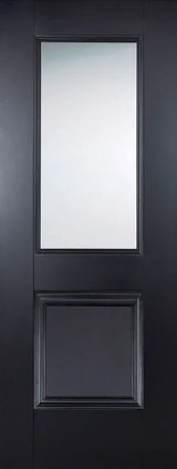 Black glazed interior door with large glass panel and decorative lower panel