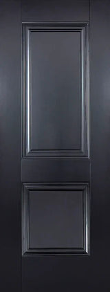 Black panelled interior door with two raised rectangular panels, front view
