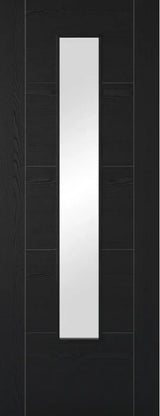 Black ash laminated glazed door with vertical glass panel and wood grain texture