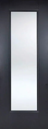 Black glazed interior door with large central glass panel, full front view