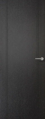 Black laminate internal door with modern silver handle and subtle vertical groove design