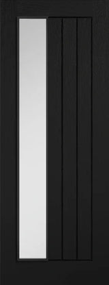 Black glazed door with vertical offset glass panel and three grooved panels