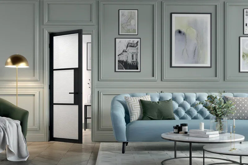Black Tribeca Glazed 3L Reeded interior door with glass panels in modern living room