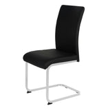 black faux leather dining chair with chrome cantilever frame on white background