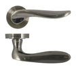Brushed nickel door handle set with curved lever design on round rose