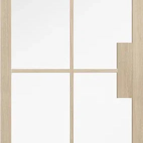 Blonde oak interior door with nine clear glass panels and unique cut out detail