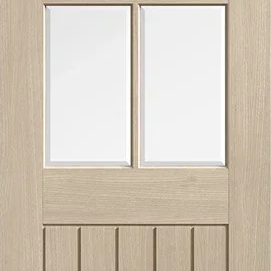 Blonde oak Mexicano arched glazed door with four glass panels and vertical wood slats