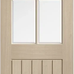 Blonde oak Mexicano glazed door with four glass panels and vertical grooved wood detail