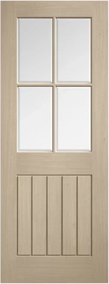 Blonde oak Mexicano glazed door with four glass panels and vertical grooved wood detail