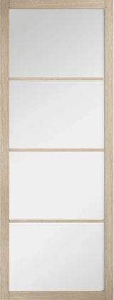 Blonde oak glazed door with four clear glass panels, modern internal door design