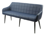 Blue faux leather bench with grid stitching and black legs, shown at an angle on white background