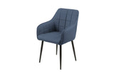 Blue dining chair with square stitched upholstery and black metal legs on white background