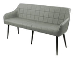 Grey upholstered bench with grid pattern and black tapered legs
