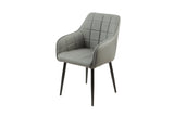Grey accent chair with padded seat, armrests, square stitching, and black metal legs