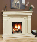 Ivory marble fireplace surround with burning fire and chrome grate in modern living room