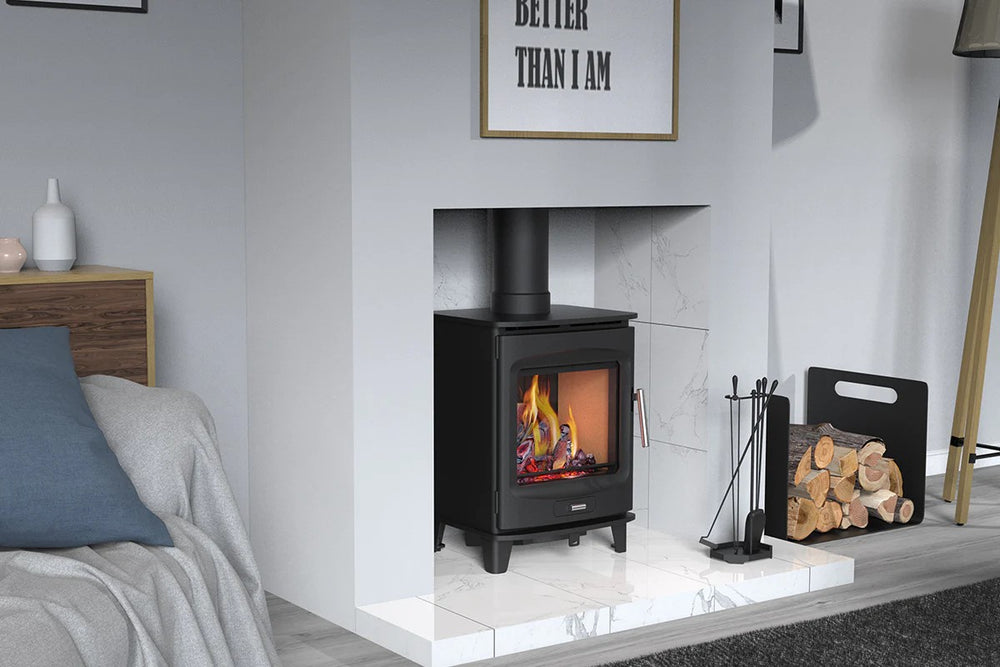 Hi-Flame Brogan stove on seamless store stand showing flame view