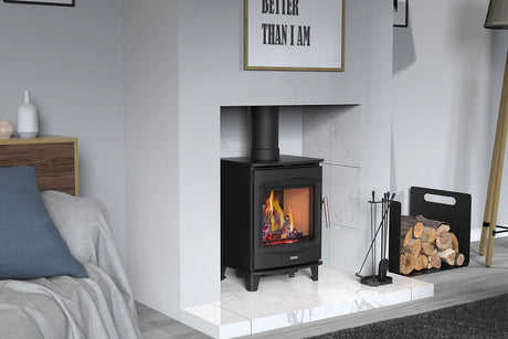 Hi-Flame Brogan stove on seamless store stand showing flame view