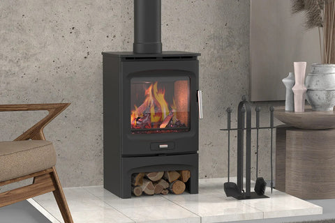 Close-up of Brogan stove large glass flame view and cast iron door