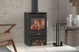 Close-up of Brogan stove large glass flame view and cast iron door