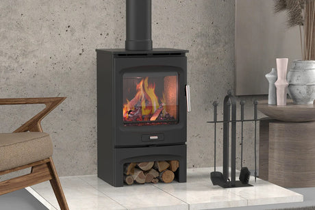 Close-up of Brogan stove large glass flame view and cast iron door